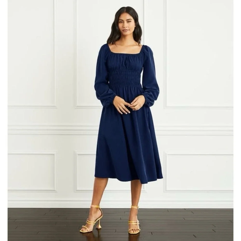 Hill House Home The Jasmine Nap Dress XXS Navy Blue Smocked Midi Long Sleeve NWT - Picture 1 of 13